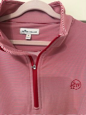 Peter Millar Red & White Striped 1/4 Zip Pullover Makers Mark Bourbon Logo M